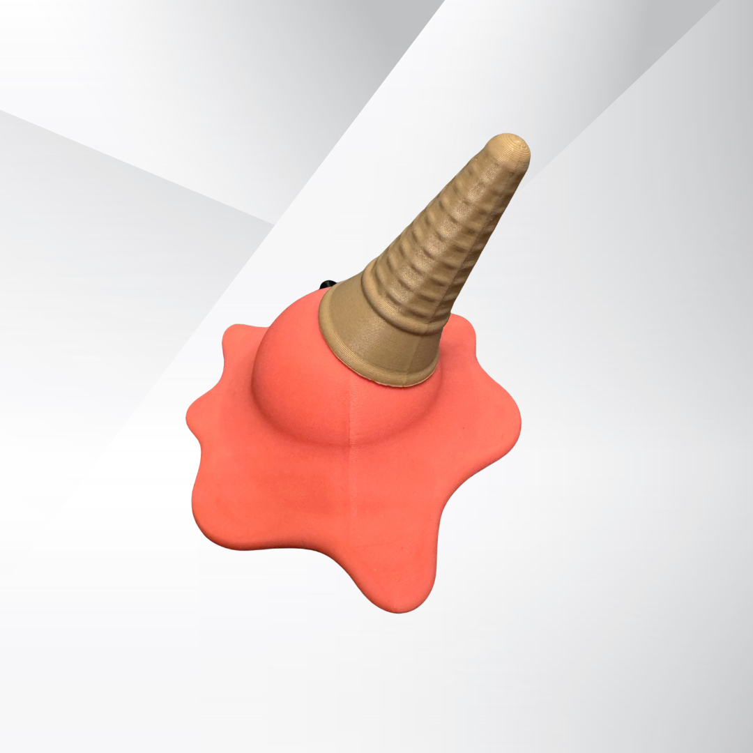 Back view of the strawberry 3d printed melting ice cream cone made by Chronic Concepts on a grey gradient background.