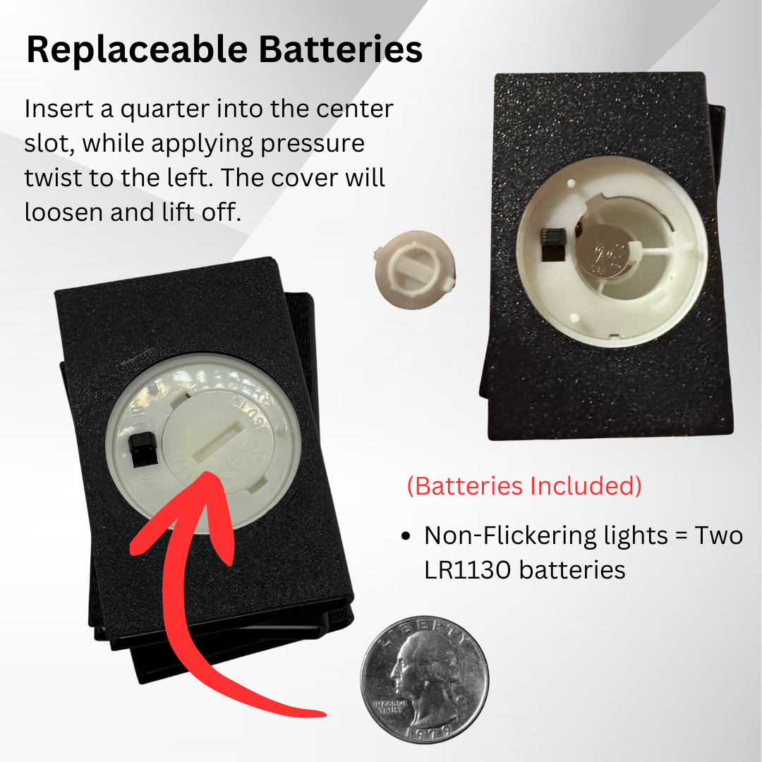 Instructions on how to replace the batteries in the light up book stack.