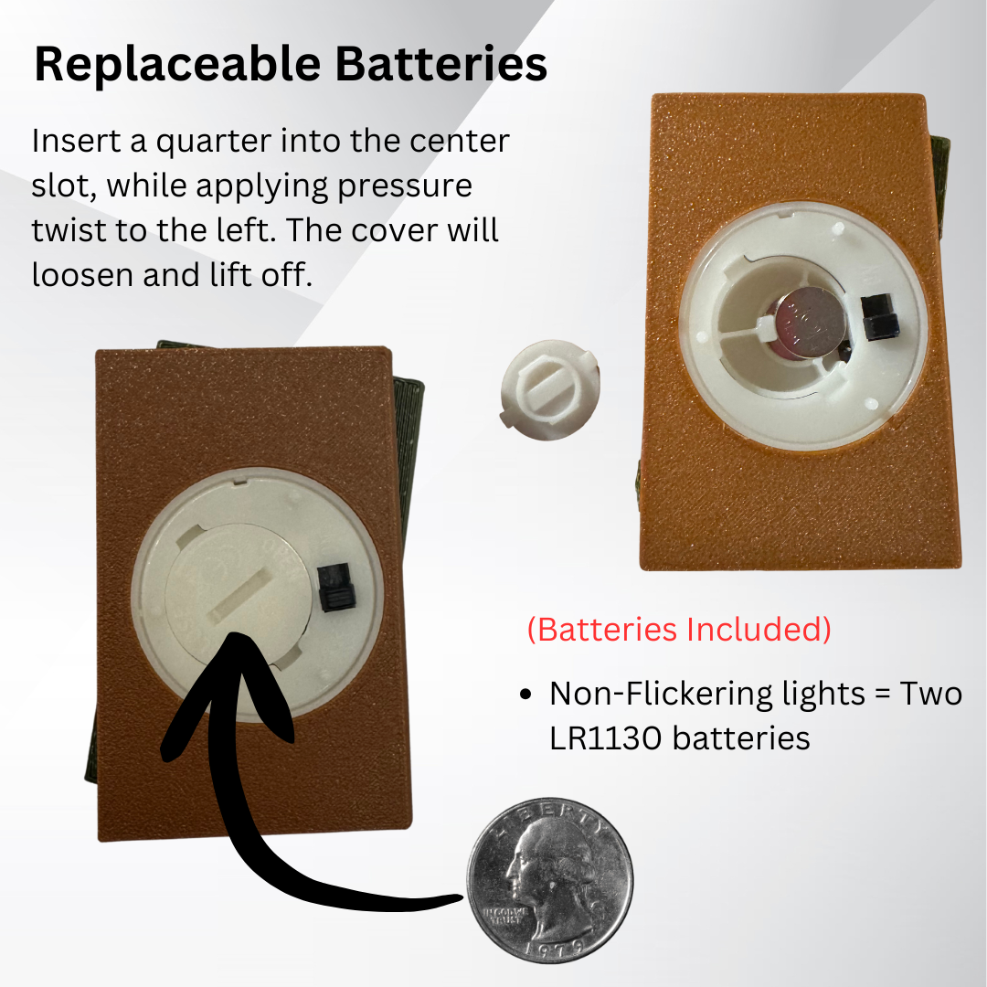 Instructions on how to replace the batteries in the light up book stack.