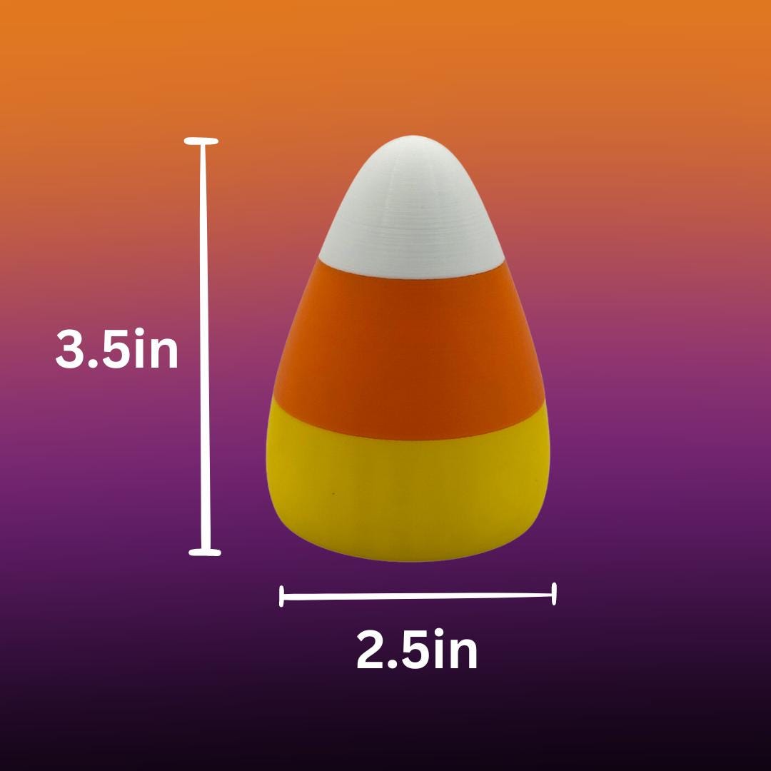 A candy corn light on a festive fall background showing the dimensions of the product.