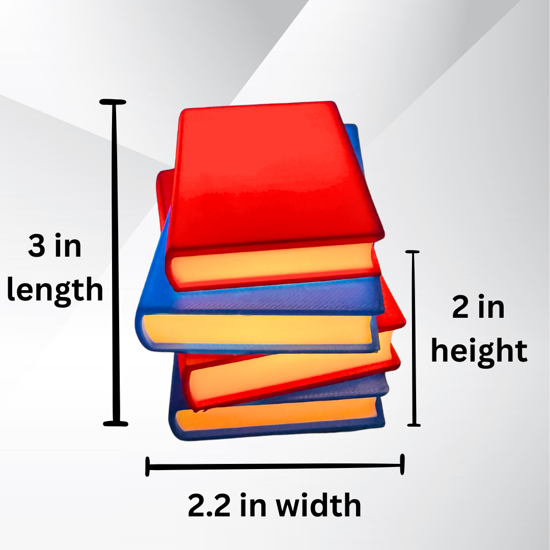 Dimensions of the vibrant red and blue light up stack of books with a white and silver background.