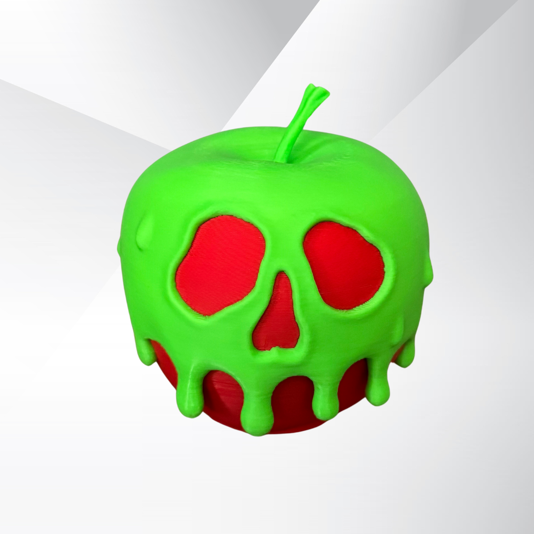 A poison candy apple light with the light turned off on a white and silver background.