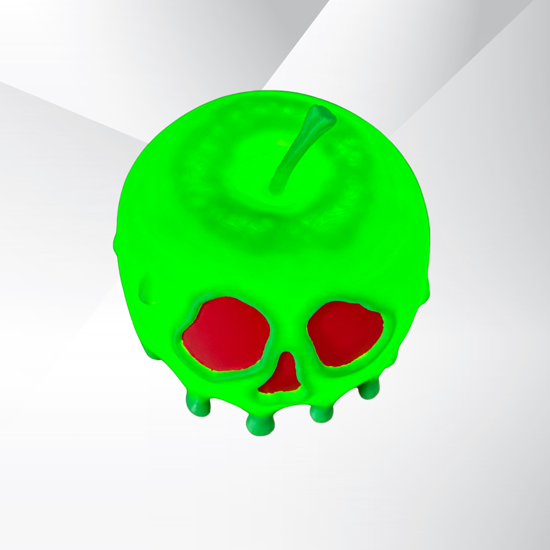 Top view of a light up poison candy apple with a creepy skull design and glowing red light.