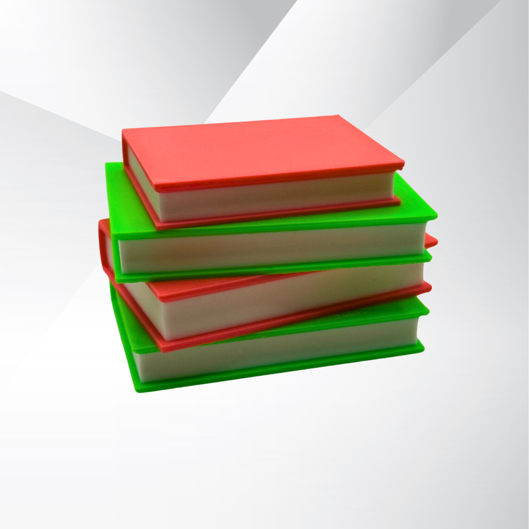 Neon green and pink light up stack of books with a white and silver background.