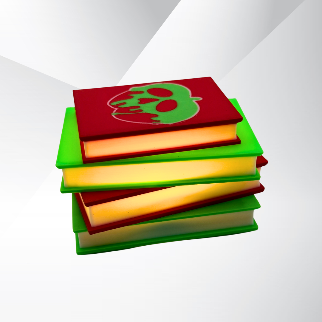 Poison apple light up stack of books with a white and silver background.