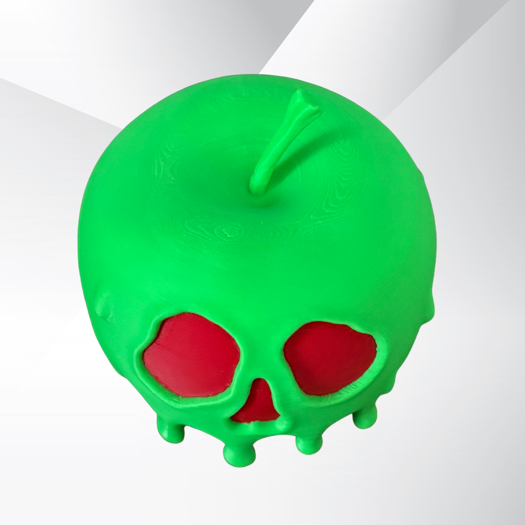 Top view of a light up poison candy apple with a creepy skull design. Light turned off.