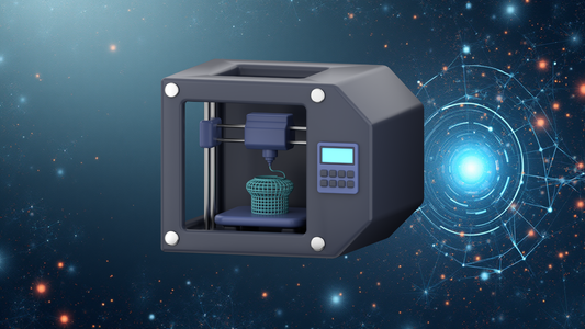 Cartoon image of a 3d printer with an outer space background.