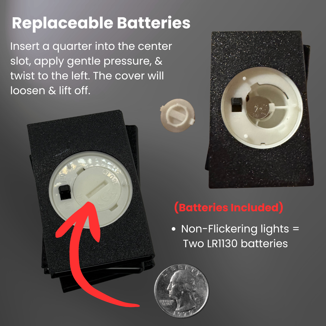 Instructions on how to replace the batteries in the light up book stack.