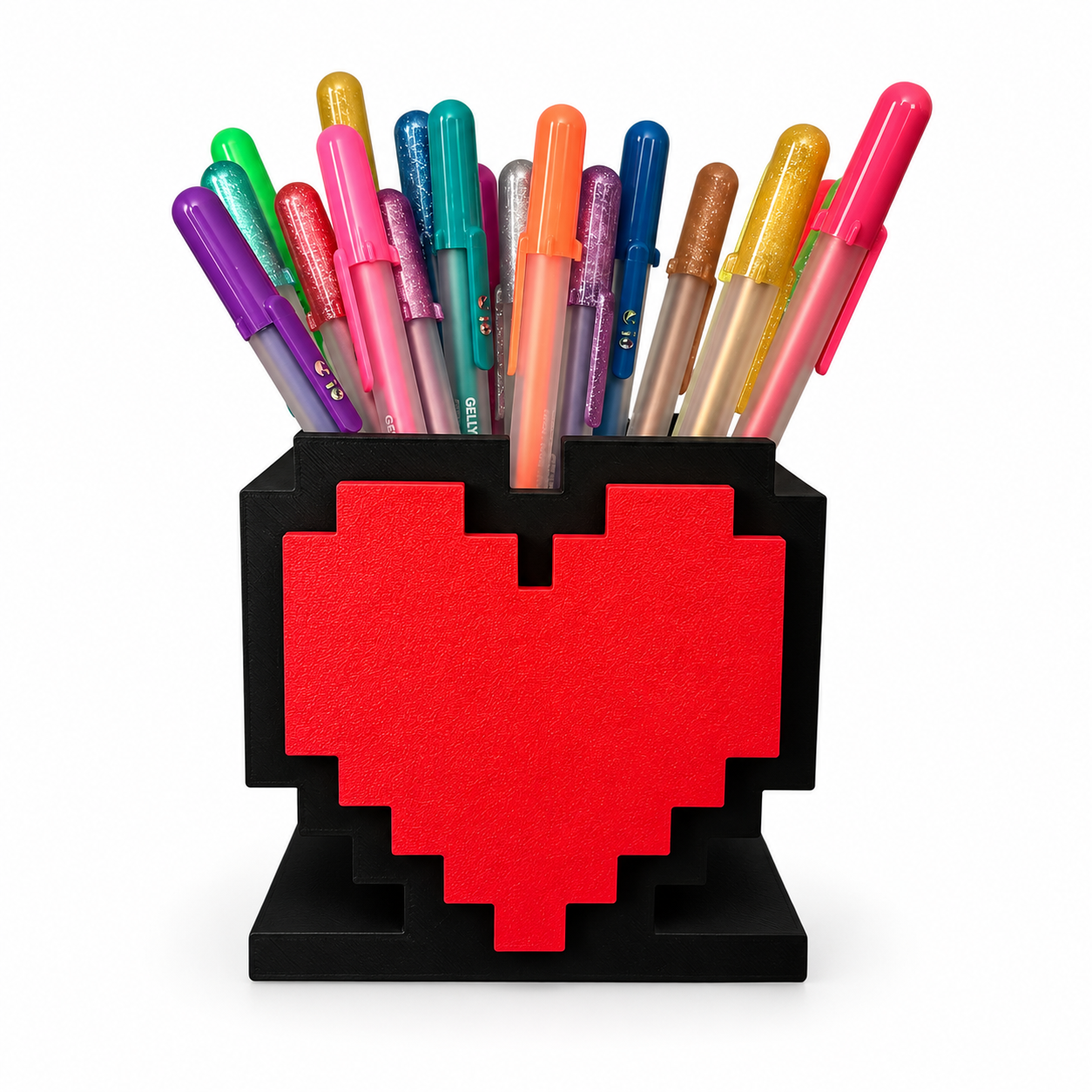 8-Bit Pixel Heart Gaming Pen & Pencil Holder with pens inside with a white background.