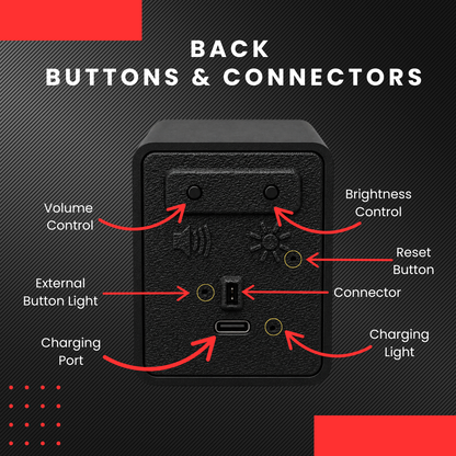 A labeled back-view diagram of a black insert coin cube showing buttons and connectors with red arrows and text pointers for Volume Control, Brightness Control, Reset Button, External Button Light, Connector, and Charging Port on a dark textured background.