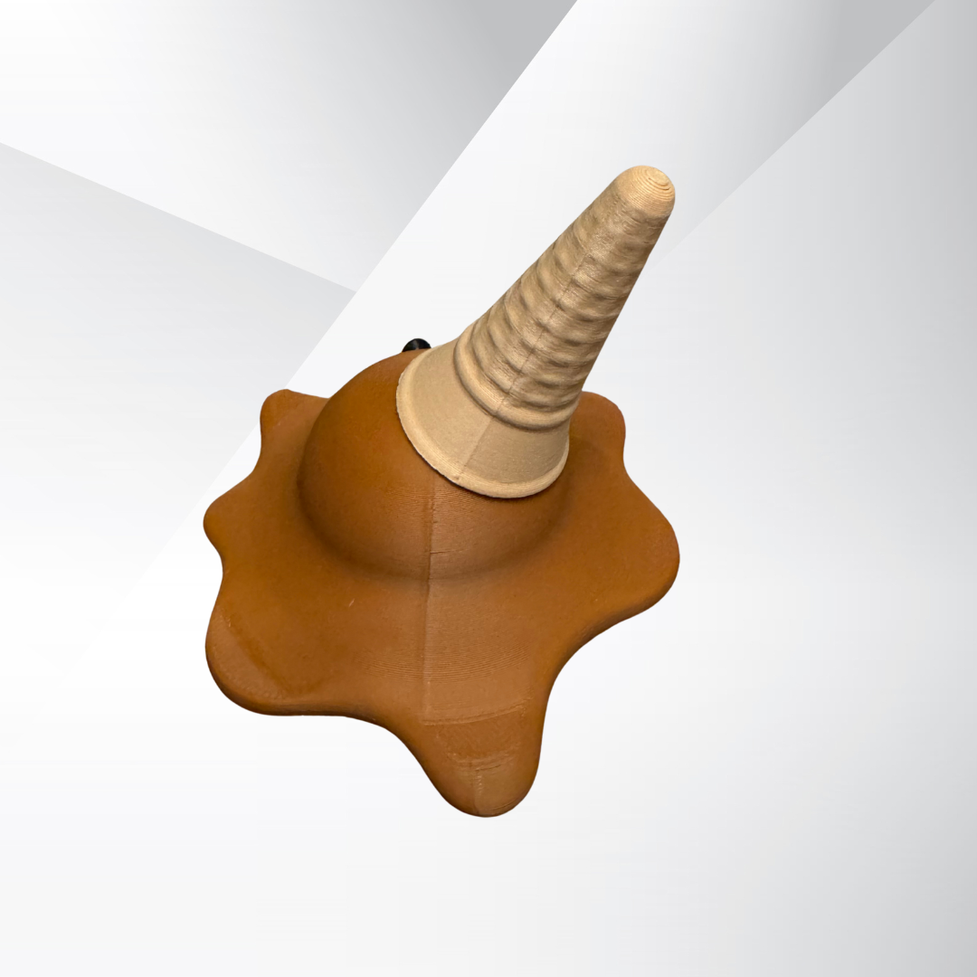 Back view of the chocolate 3d printed melting ice cream cone made by Chronic Concepts on a grey gradient background.