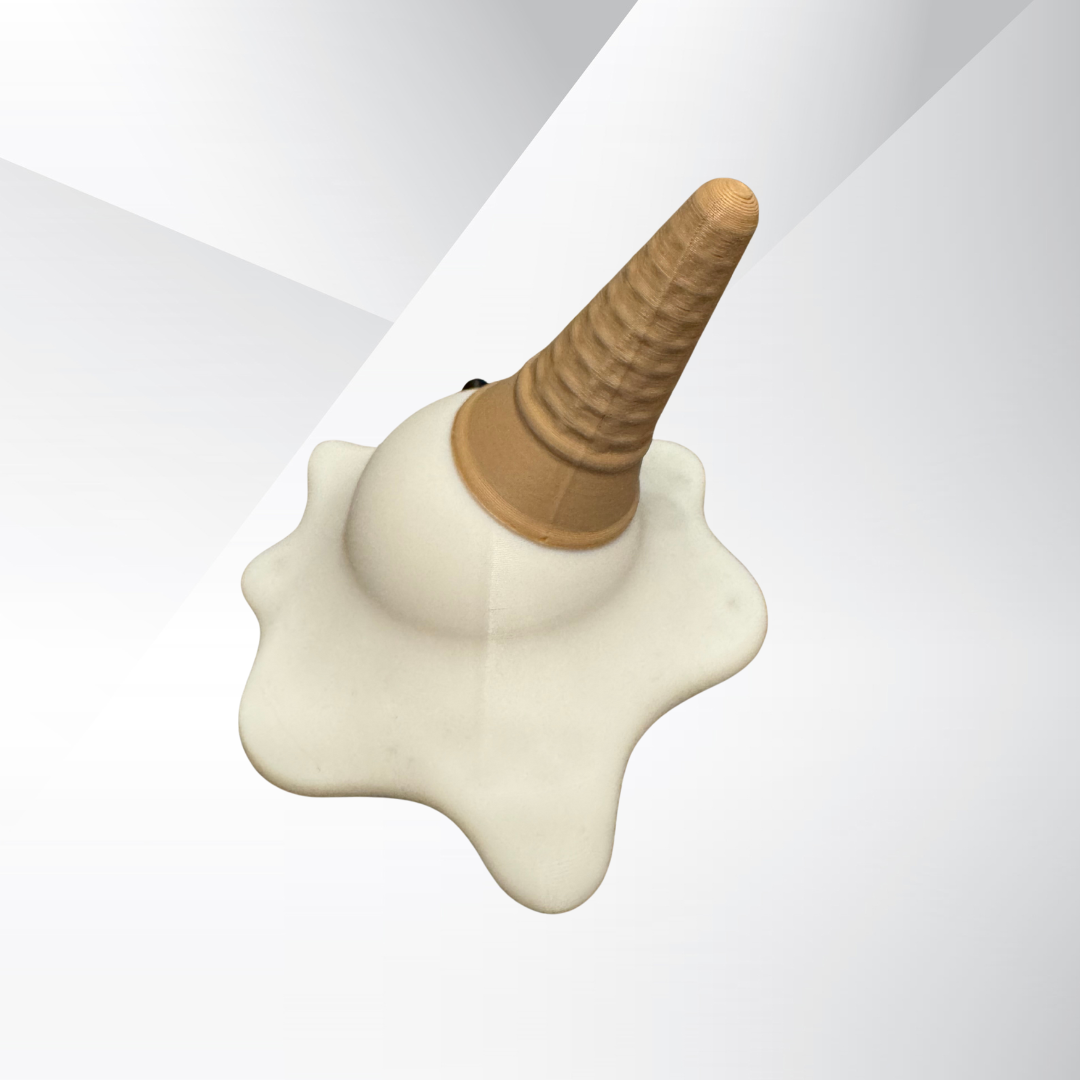Back view of the vanilla 3d printed melting ice cream cone made by Chronic Concepts on a grey gradient background.
