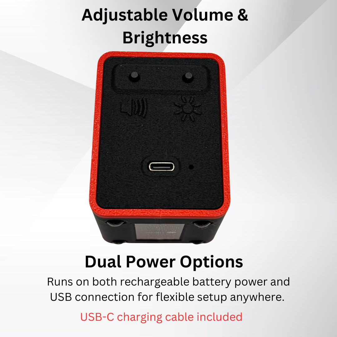 Back panel of the TinyBrights™ Insert Coin Cube highlighting adjustable volume, adjustable brightness, USB-C charging port, and dual-power functionality.