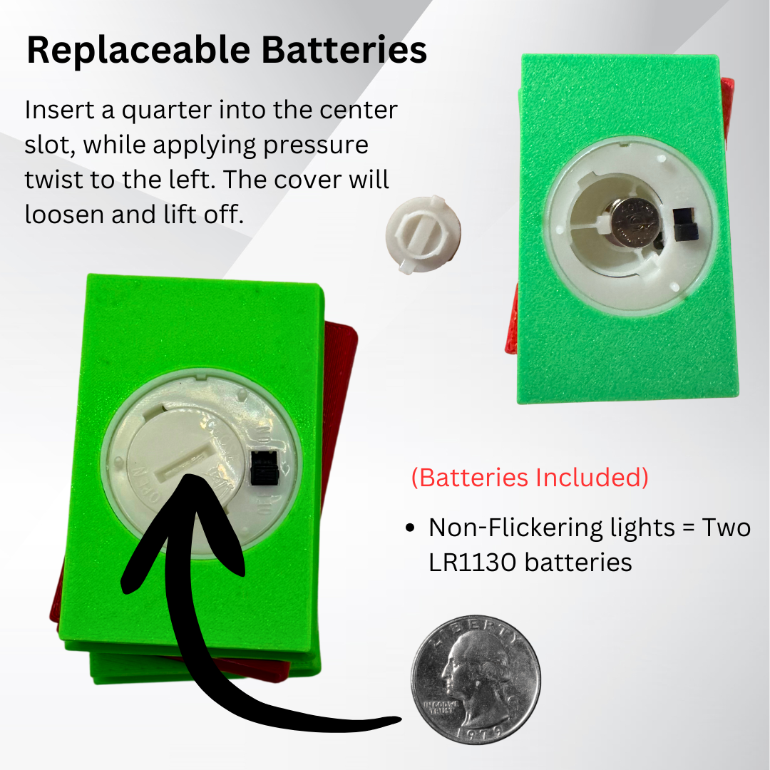 Instructions on how to replace the batteries in the light up book stack.