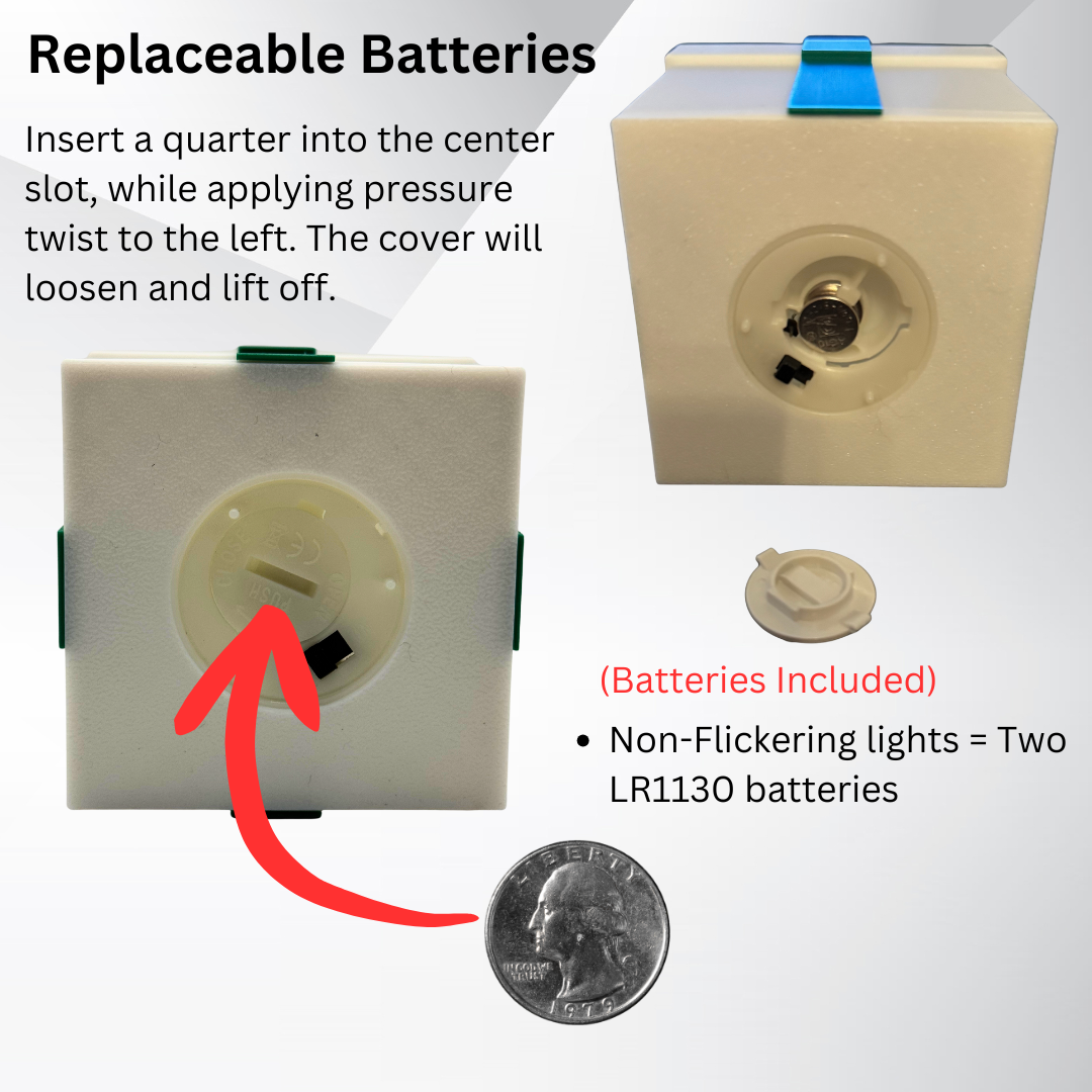 Diagram showing how to take the bottom cover off of the Christmas package and replace the batteries in the tea light.
