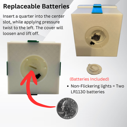 Diagram showing how to take the bottom cover off of the Christmas package and replace the batteries in the tea light.