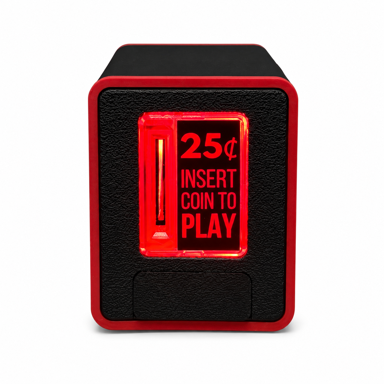 A black and red textured coin-operated coin slot piggy bank with a red illuminated front panel displaying '25¢ INSERT COIN TO PLAY' in red text.