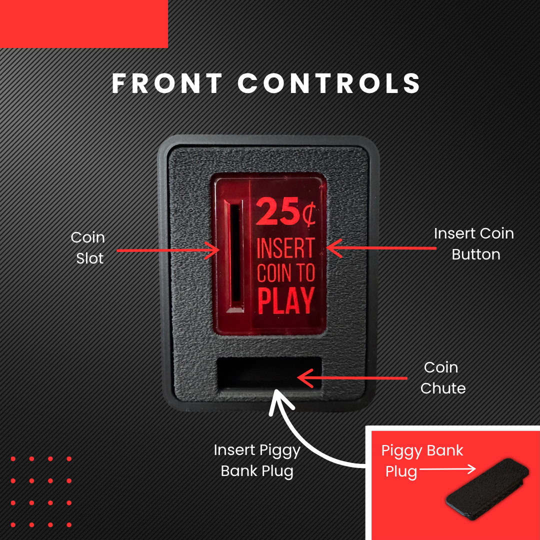 Front controls diagram of a piggy bank coin slot, showing labeled parts including the coin slot, insert coin button, coin chute, and piggy bank plug on a dark textured background.