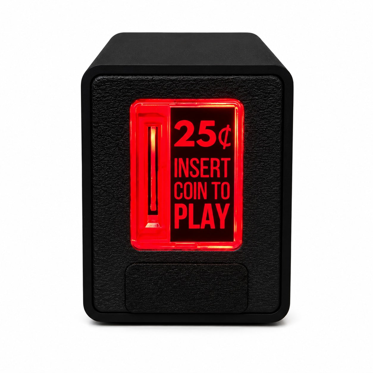 A black textured coin-operated coin slot piggy bank with a red illuminated front panel displaying '25¢ INSERT COIN TO PLAY' in red text.
