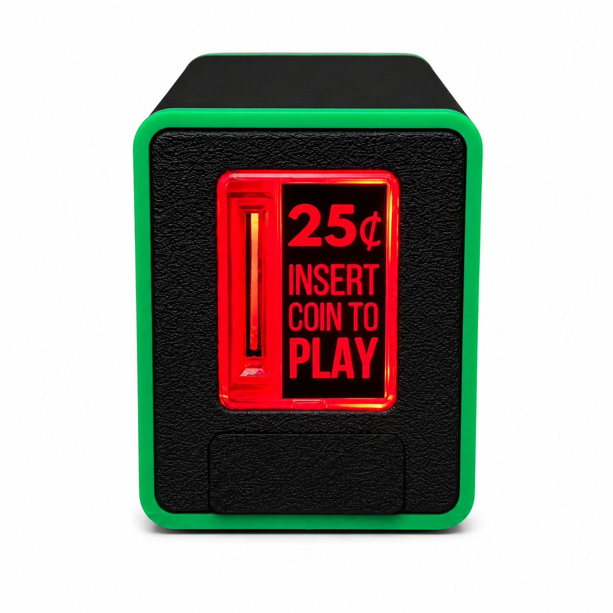 A black and neon green textured coin-operated coin slot piggy bank with a red illuminated front panel displaying '25¢ INSERT COIN TO PLAY' in red text.