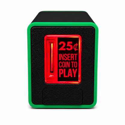 A black and neon green textured coin-operated coin slot piggy bank with a red illuminated front panel displaying '25¢ INSERT COIN TO PLAY' in red text.