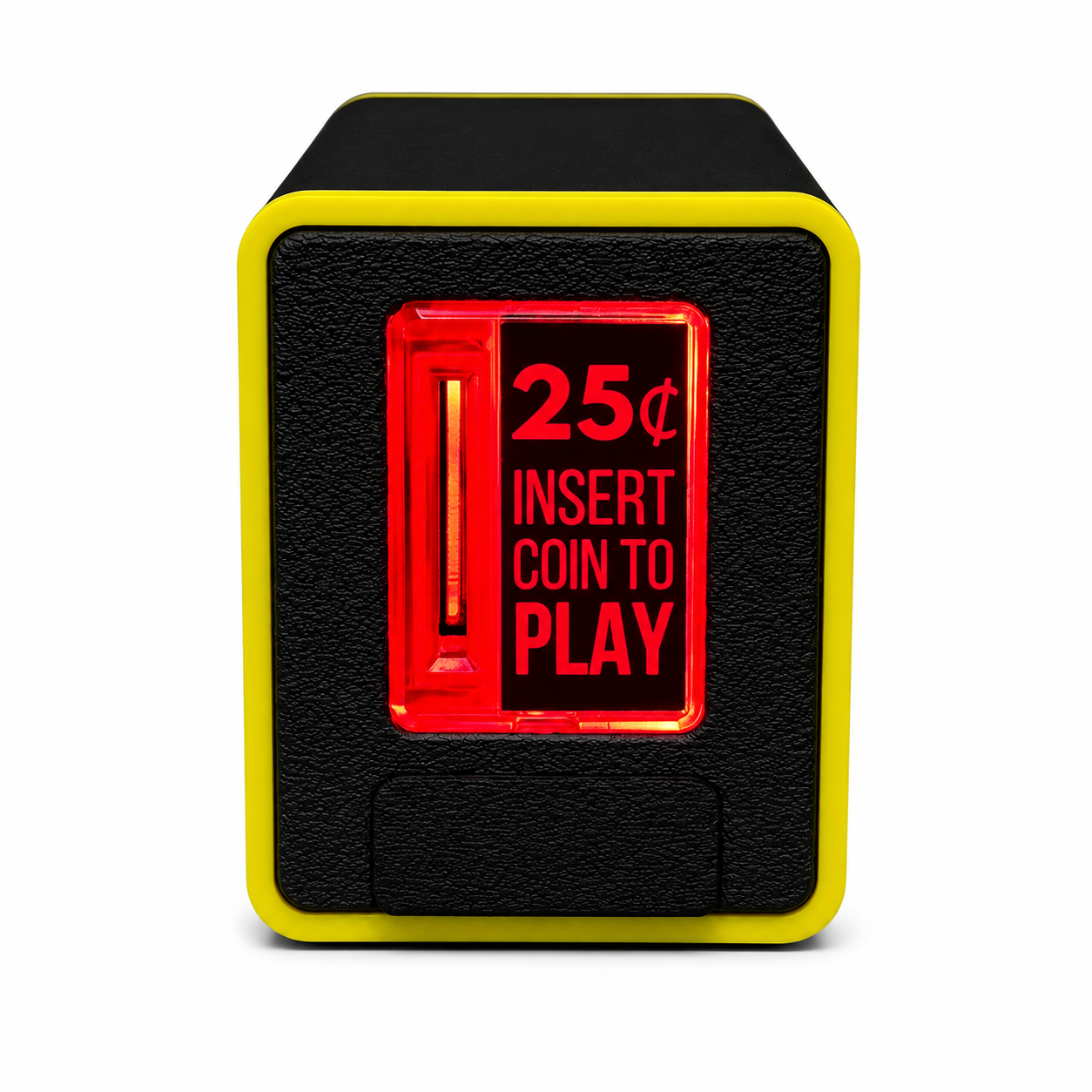 A black and yellow textured coin-operated coin slot piggy bank with a red illuminated front panel displaying '25¢ INSERT COIN TO PLAY' in red text.