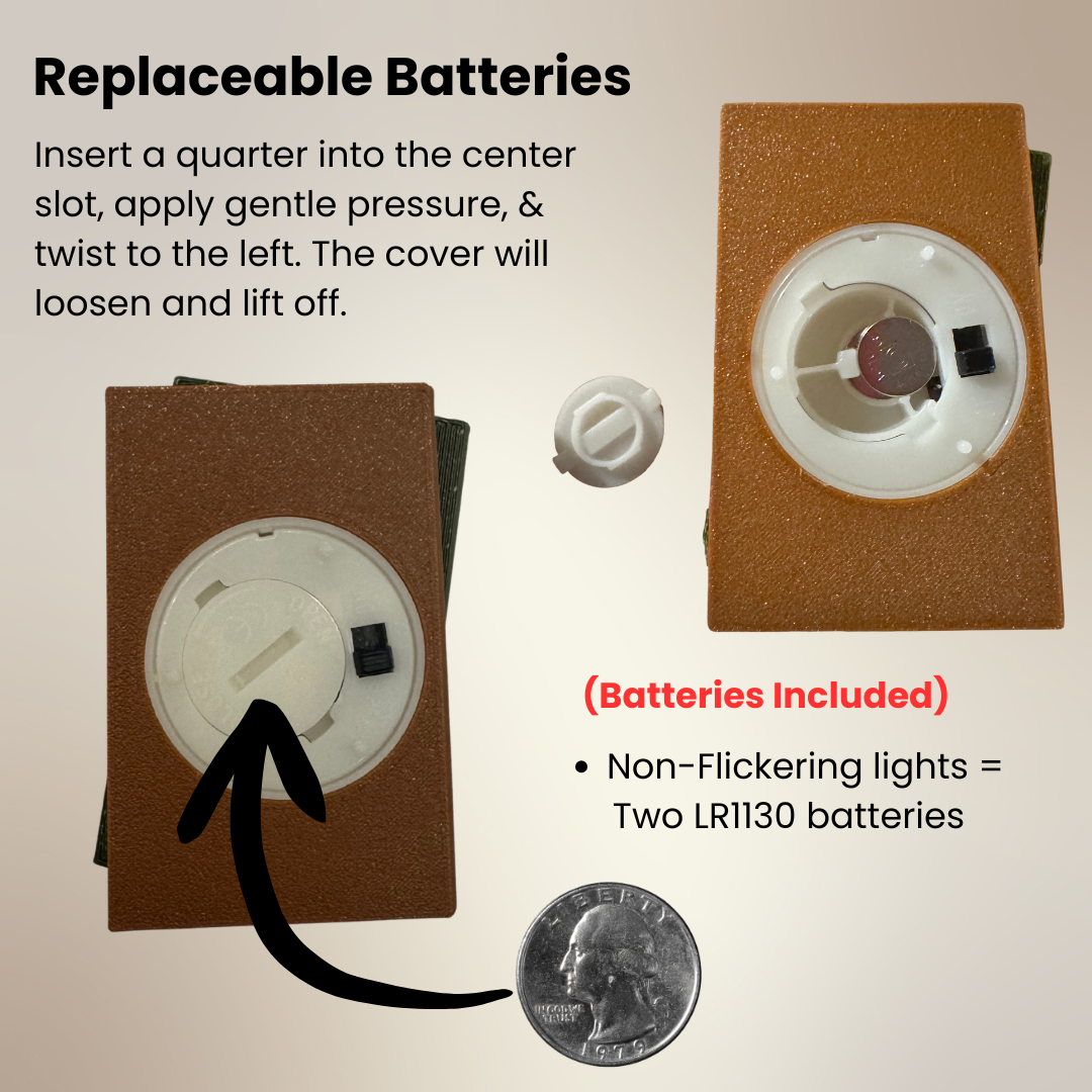 Details on how to replace the batteries on the bottom of the book stack light.