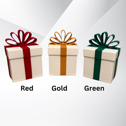 Christmas gift lights showing the different bow color options: Red, Gold, and Green