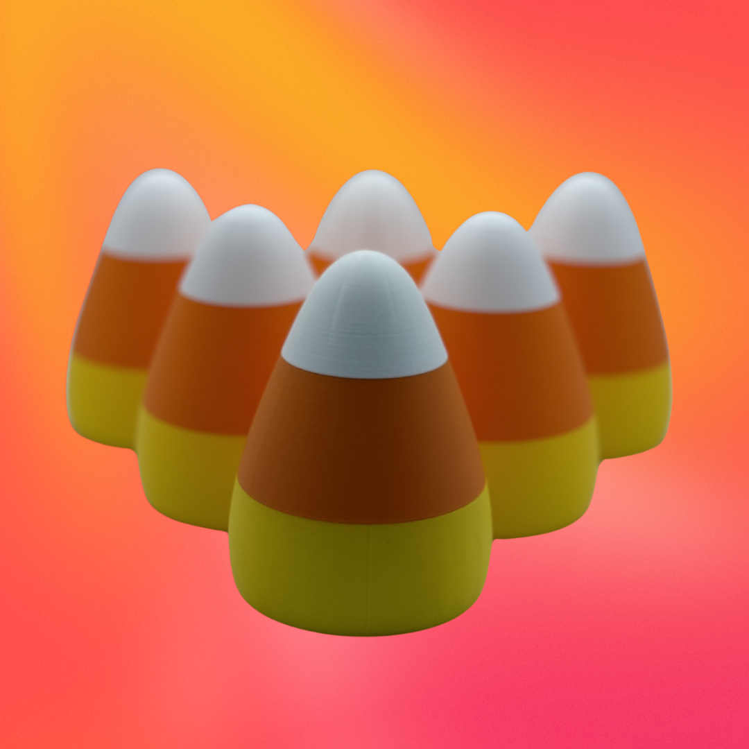 A view of six candy corn lights arranged like bowling pins on an orange gradient background.