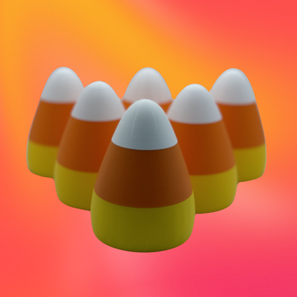 A view of six candy corn lights arranged like bowling pins on an orange gradient background.