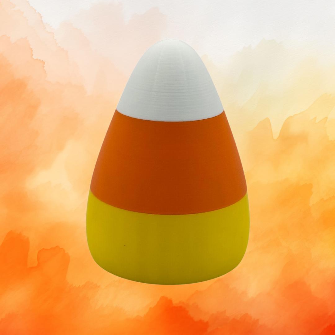 A glowing candy corn shaped light, casting a warm orange, yellow, and white glow, perfect as a Halloween or Thanksgiving decoration.