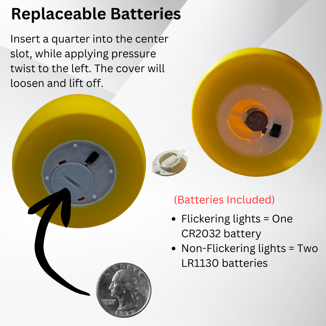 Instructions on how to remove and replace the batteries in the candy corn light.