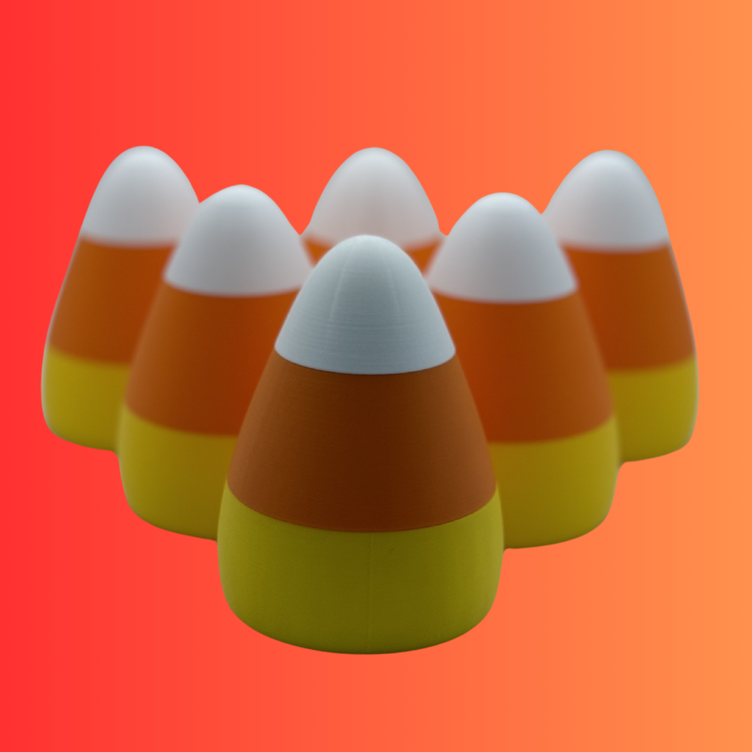 A view of six candy corn lights arranged like bowling pins on an orange gradient background.
