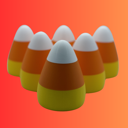 A view of six candy corn lights arranged like bowling pins on an orange gradient background.
