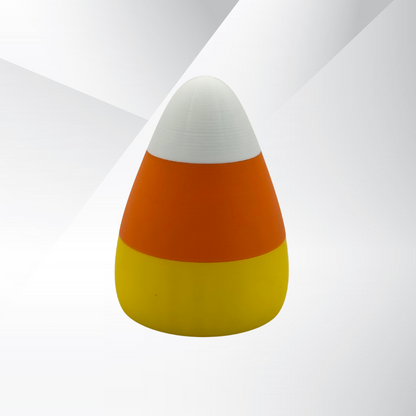 The front view of the candy corn light with a silver and white background.