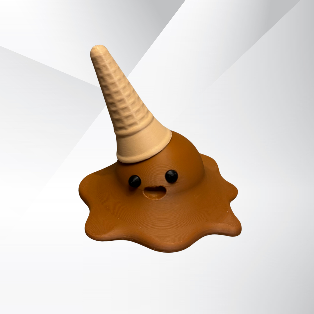 View of the chocolate 3d printed melting ice cream cone made by Chronic Concepts on a grey gradient background.