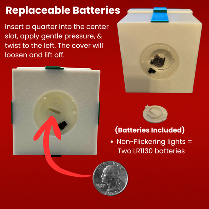 Diagram showing how to take the bottom cover off of the Christmas package and replace the batteries in the tea light.