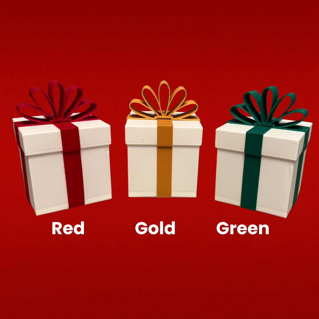 Christmas gift lights showing the different bow color options: Red, Gold, and Green
