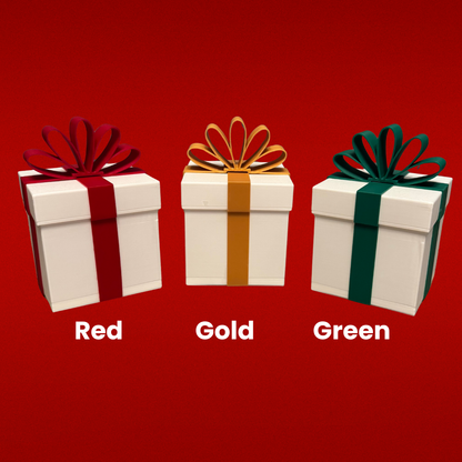 Christmas gift lights showing the different bow color options: Red, Gold, and Green