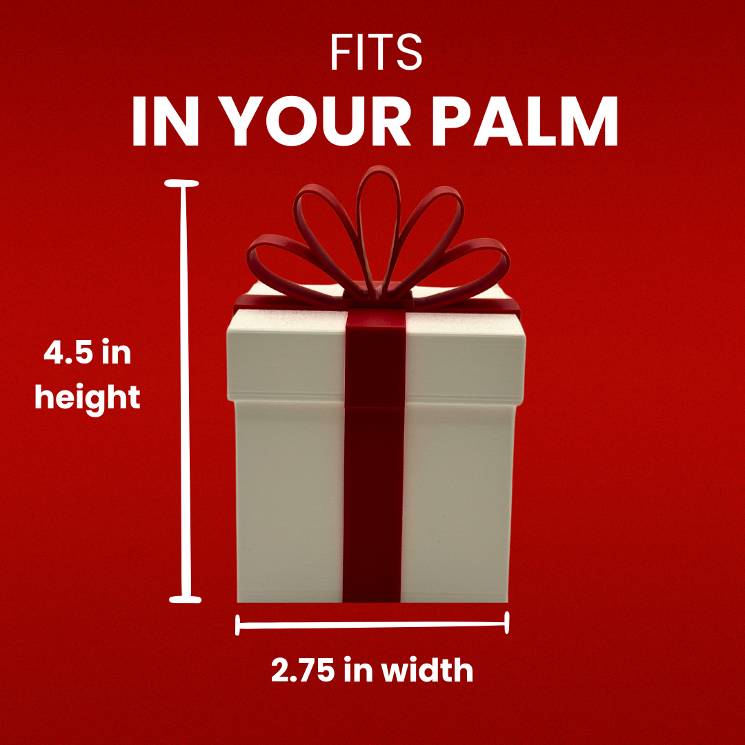 A white and red Christmas package with its dimensions.