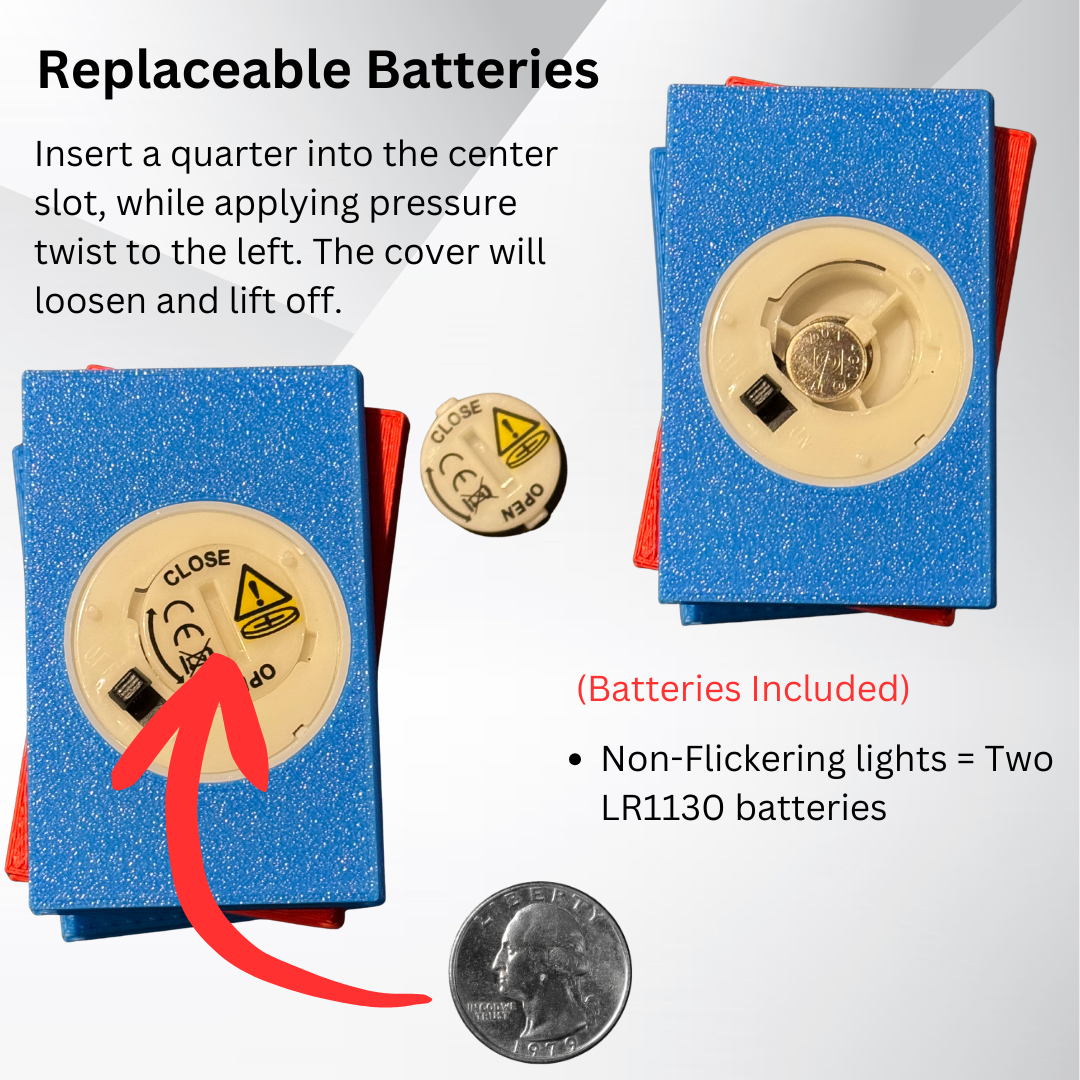 Bottom side of the book stack light showing easy battery replacement instructions.