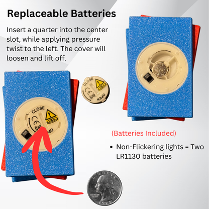 Bottom side of the book stack light showing easy battery replacement instructions.