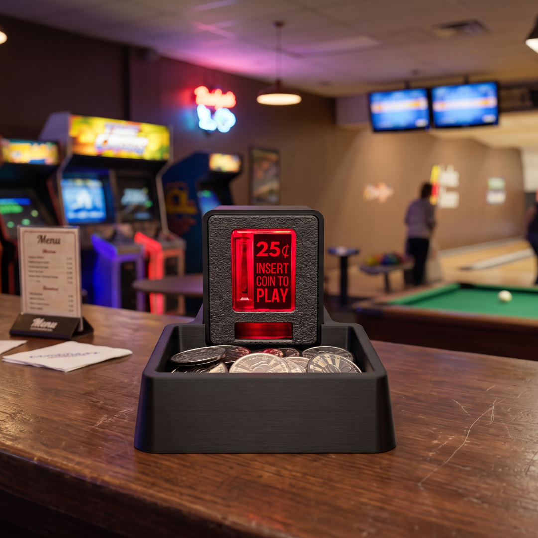 A black coin tray and Insert Coin Cube sitting on a wooden bar counter in a bowling alley arcade setting. The tray contains several coins, and the red digital display in the center reads '25¢ INSERT COIN TO PLAY'.