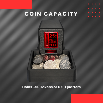 A black coin tray shown on a dark textured background with text reading 'COIN CAPACITY' and 'Holds ~50 Tokens or U.S.