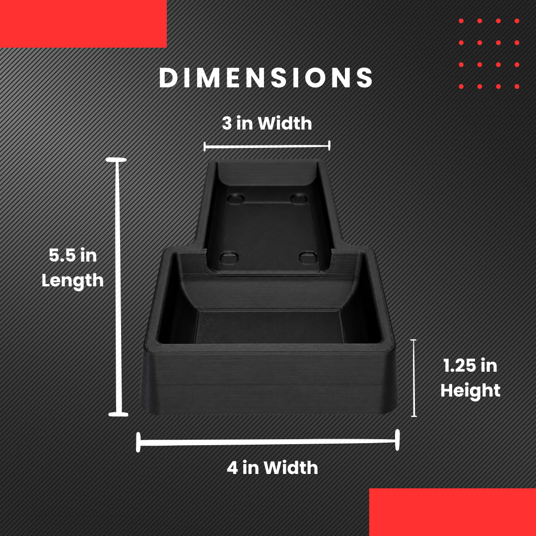A black coin tray shown with labeled dimensions on a dark textured background. White text and lines indicate measurements.