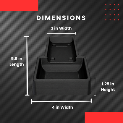 A black coin tray shown with labeled dimensions on a dark textured background. White text and lines indicate measurements.