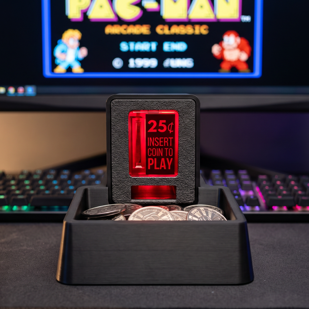 A retro-style Insert Coin Cube reading '25¢ INSERT COIN TO PLAY' sits in a black coin tray on a desk, with a blurred computer monitor showing a classic arcade game in the background.