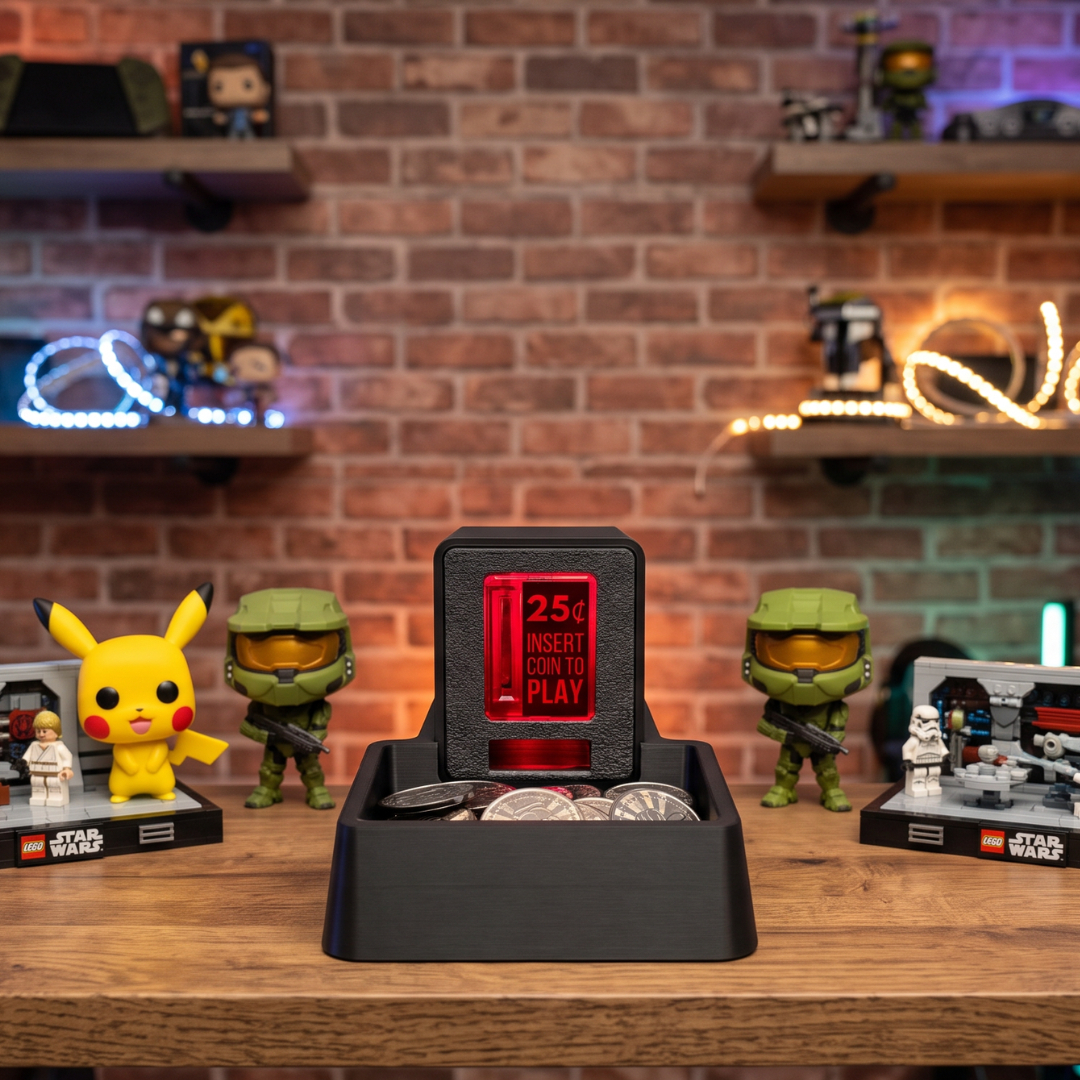 A black coin tray with an Insert Coin Cube display showing '25¢ INSERT COIN TO PLAY' sits on a wooden table. The scene is a styled display with collectible figures, including a Pikachu figure and Star Wars and LEGO figures, against a brick wall background.