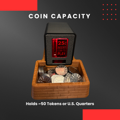 A brown brick coin tray with an Insert Coin Cube sitting on top filled with arcade tokens with white text explaining coin capacity.