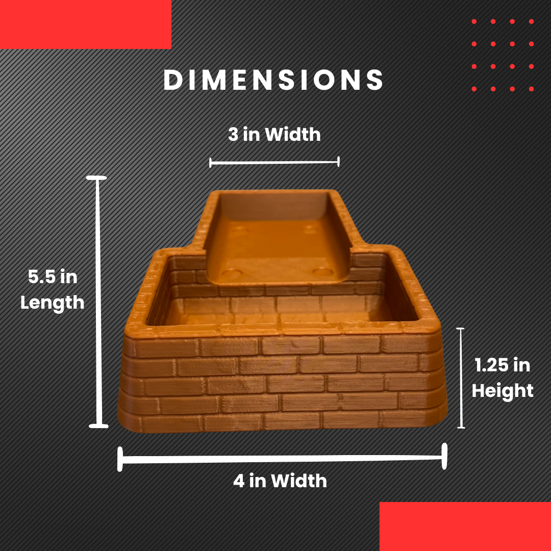 A brown brick coin tray with its dimensions.